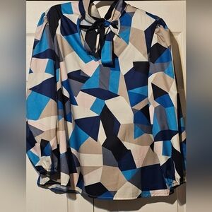 SHEIN Clasi Tie Neck Lantern Sleeve Geo Print Top 1XL